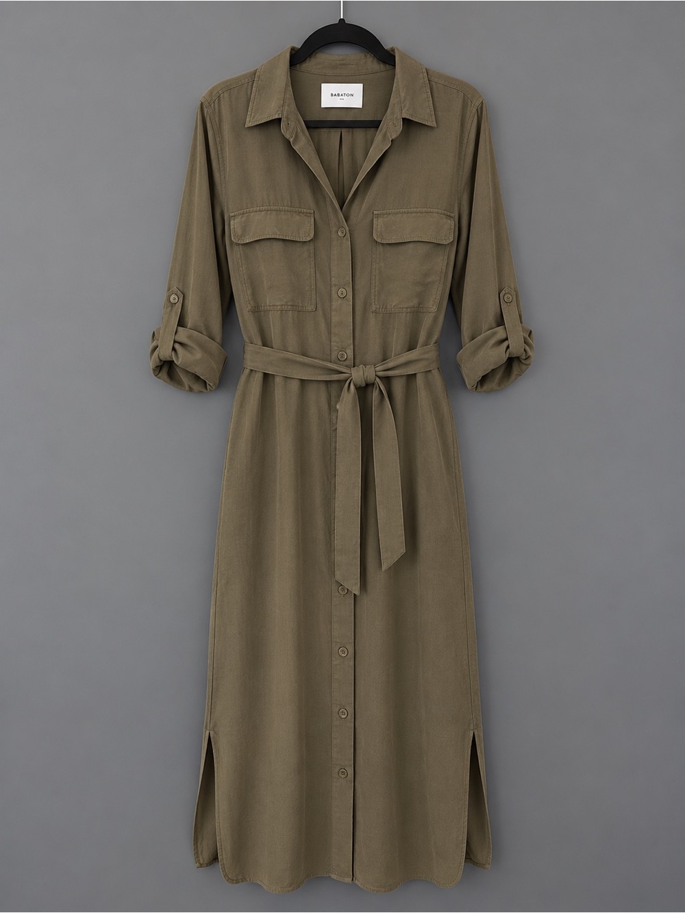 Aritzia Babaton Olive Long-Sleeve Shirt Dress with Waist Tie